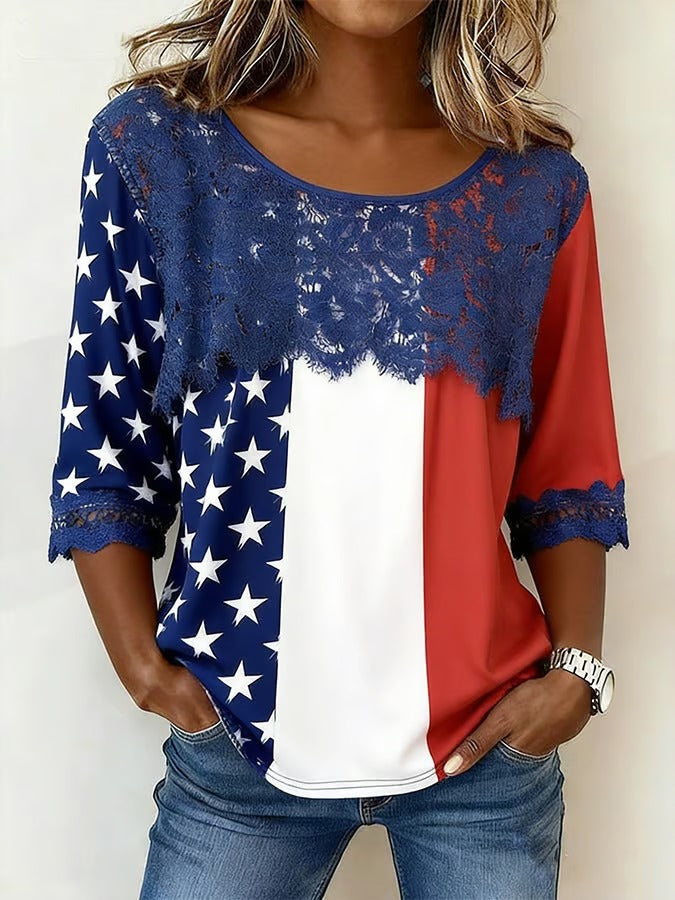 Women'S American Flag Independence Day Celebration Lace Splicing Printed Casual T-Shirt