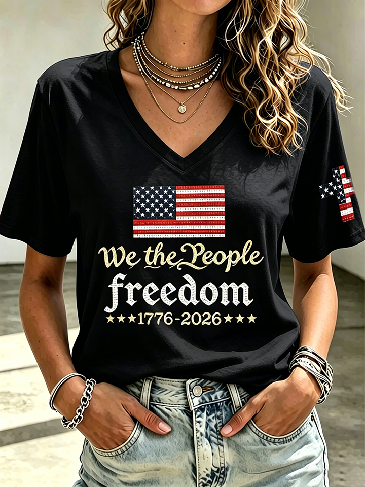 Ladies' Casual American 250Th Anniversary Commemorative Sequin Personalized Print V-Neck T-Shirt