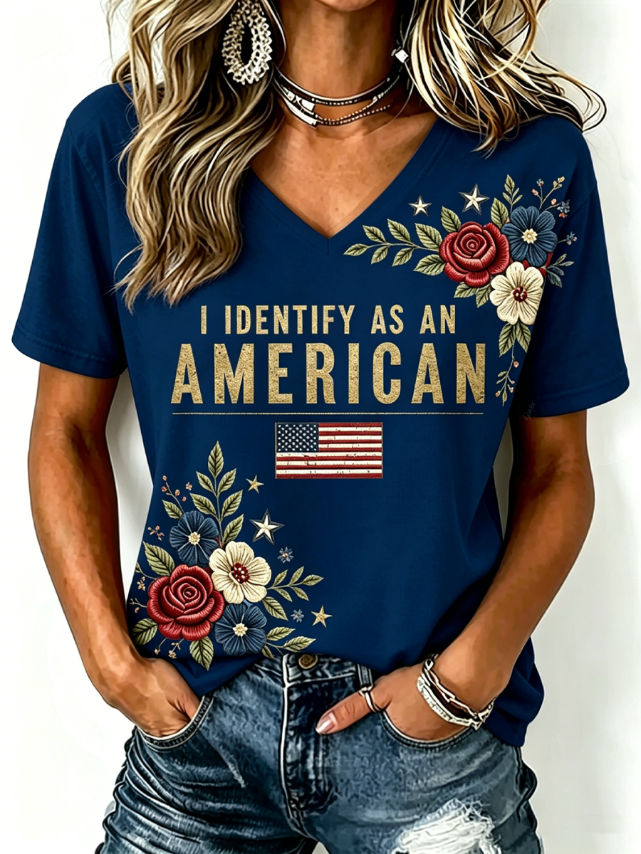 American Flag & Floral Embroidered Patriotic V-Neck Shirt