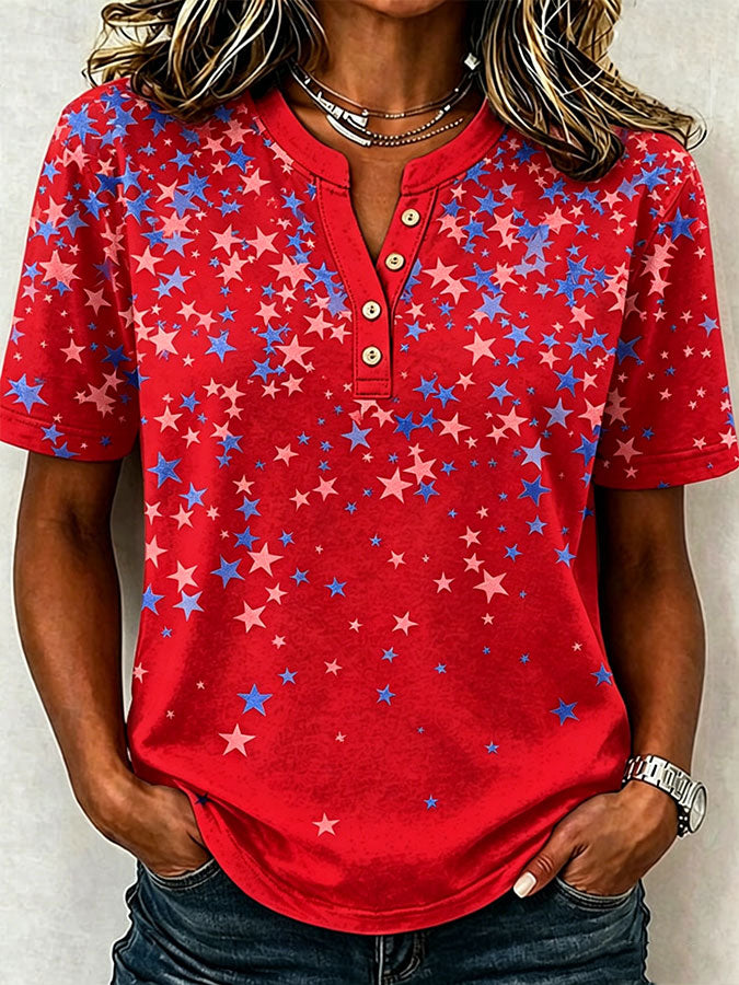 Female Leisure Patriotic Fireworks Flag Button T-Shirt