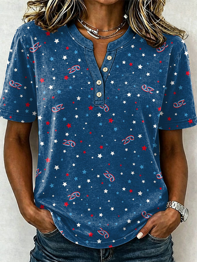 Female Leisure Patriotic Fireworks Flag Button T-Shirt