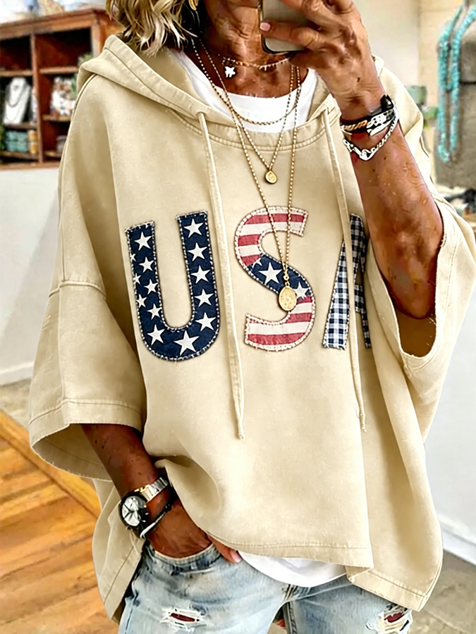 🔥Buy 3 Get 10% OFF 🔥Patriotic Red USA Star Stripe Applique Oversized Hoodie