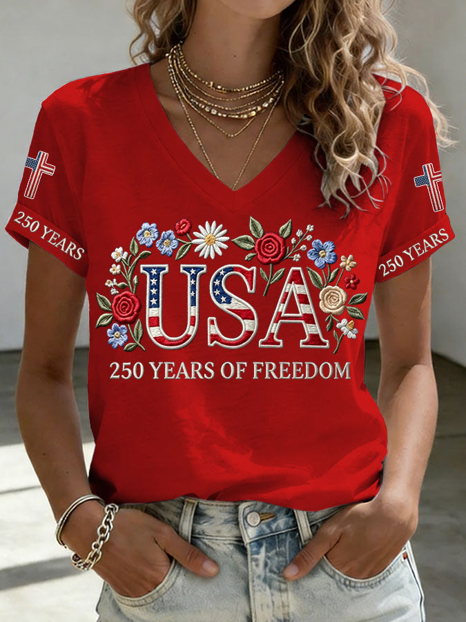 Women'S America Flag  Print Casual V-Neck T-Shirt