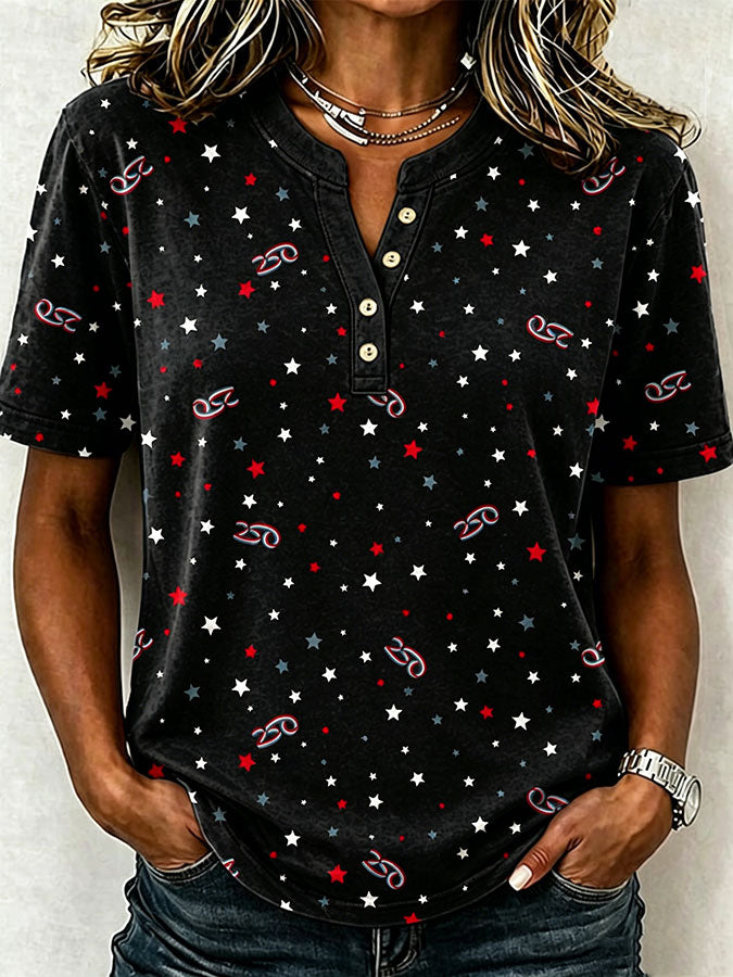 Female Leisure Patriotic Fireworks Flag Button T-Shirt