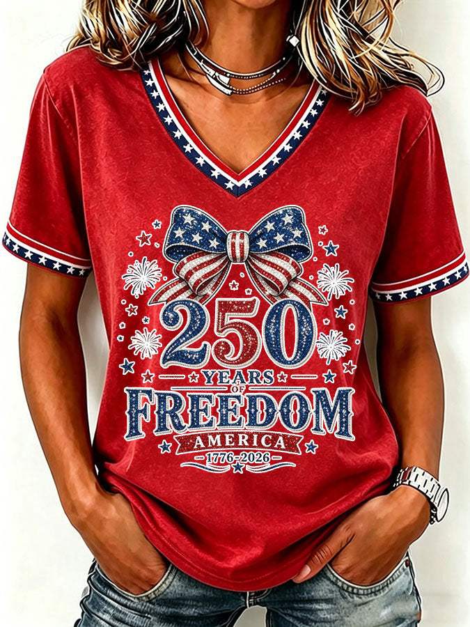 Women'S America Flag Print Casual V-Neck T-Shirt