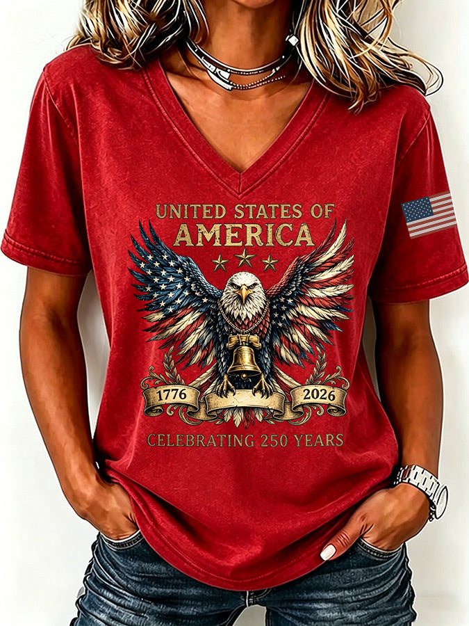 Women'S America Flag Print Casual V-Neck T-Shirt