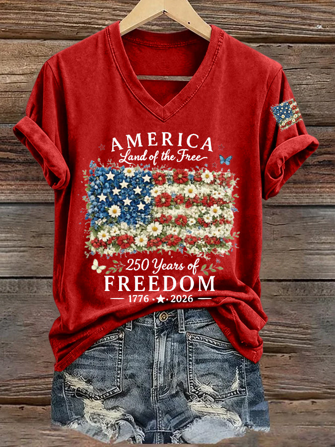 Women'S America Flag Floral Print Casual V-Neck T-Shirt