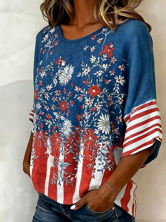Women's Casual Round-Neck Printed Cotton-Linen Top