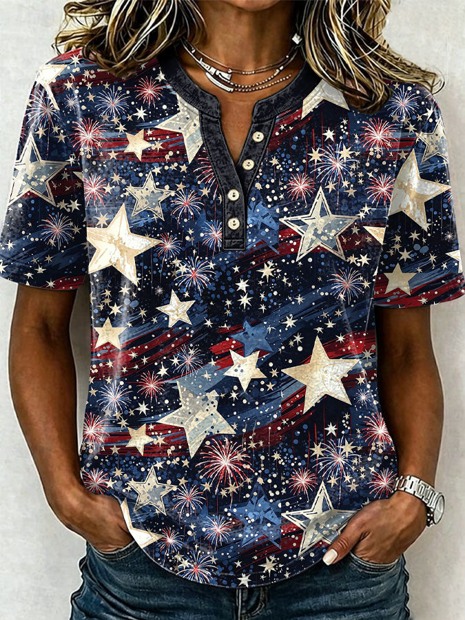 Female Leisure Patriotic Fireworks Flag Button T-Shirt