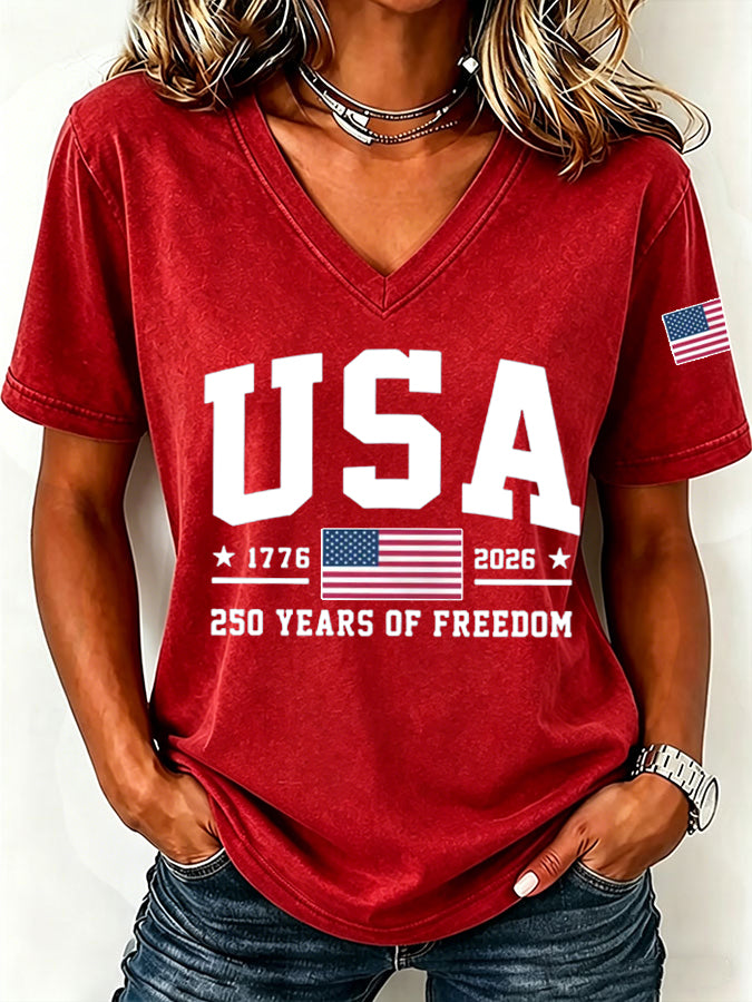 🔥Buy 3 Get 10% OFF 🔥Women'S America Flag Floral Print Casual V-Neck T-Shirt