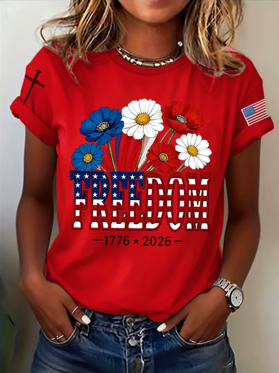 Women's Retro Freedom American Flag Cross Print T-Shirt