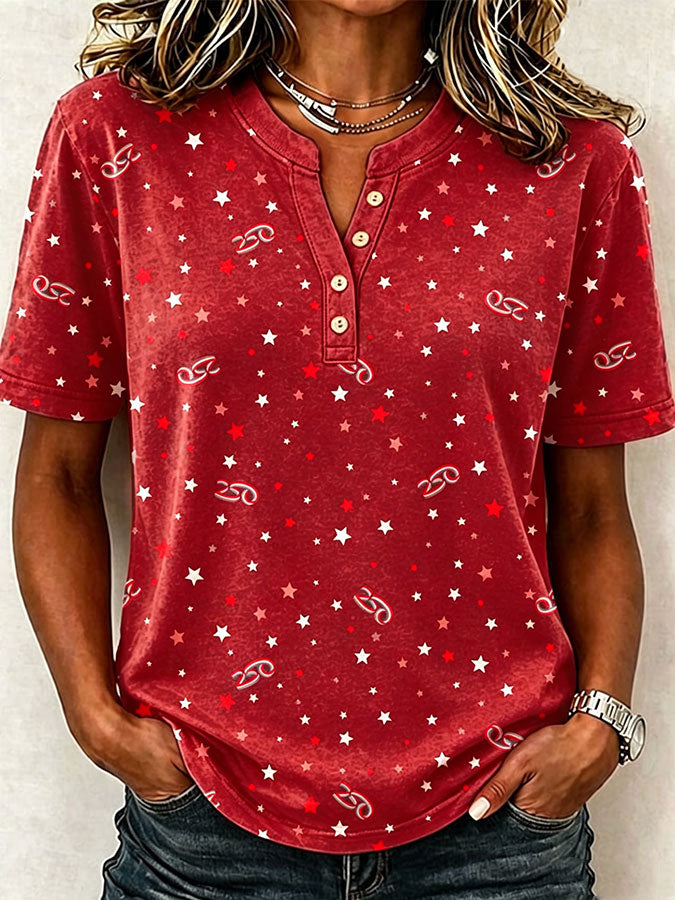 Female Leisure Patriotic Fireworks Flag Button T-Shirt