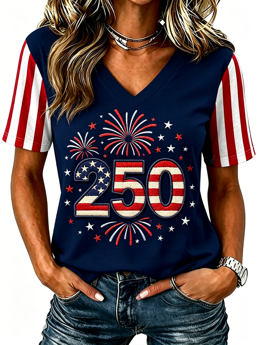 Women'S USA 250 Firework Patriotic V-Neck T-Shirt