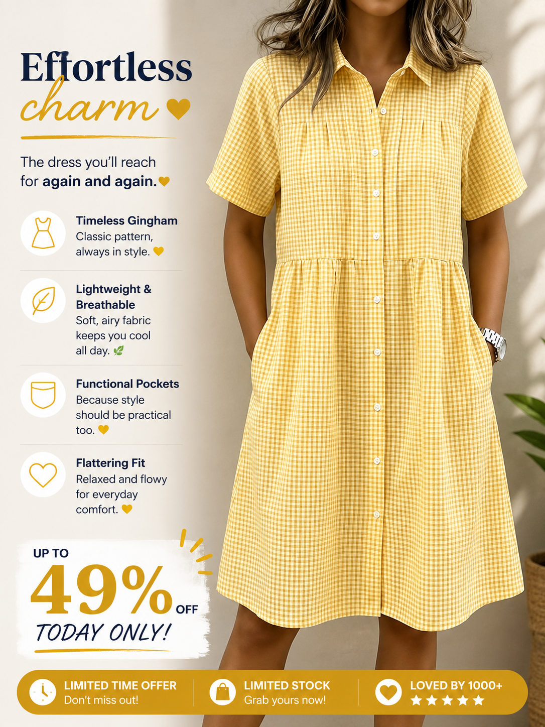 Today 49% off🔥Women’s Cotton Linen Gingham Button-Up Shirt Dress (BUY 2 GET FREE SHIPPING)