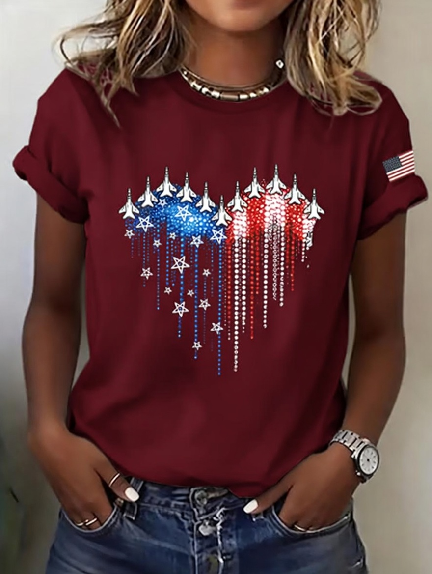 Women's casual round neck Patriot printed T-shirt