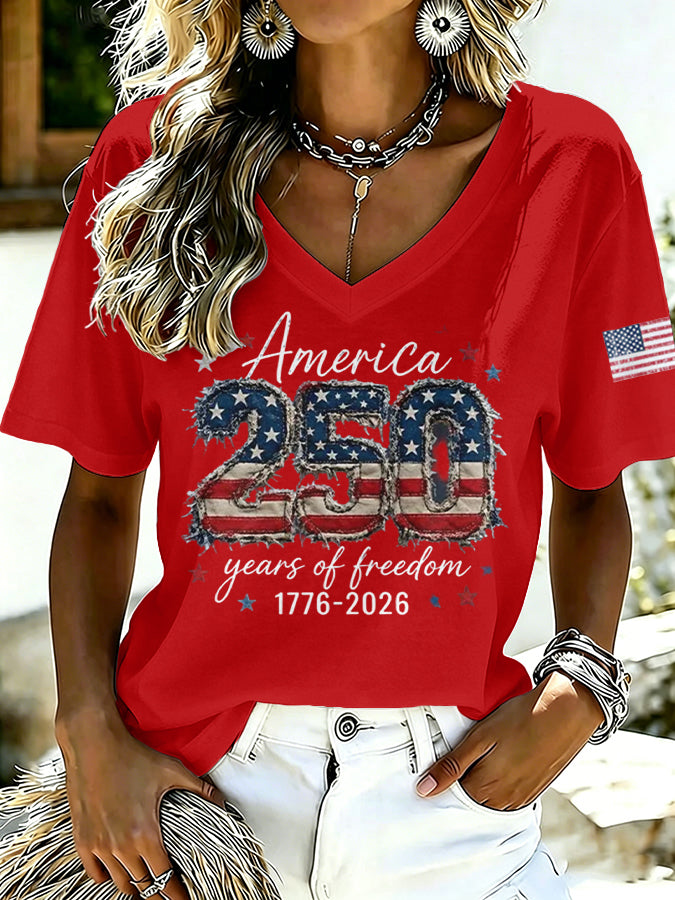 Ladies' Casual American 250Th Anniversary Celebration Personalized Printed V-Neck Short Sleeved Shirt
