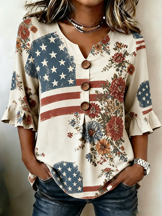 Women's Casual Patriotic 250th Anniversary Cotton Linen Shirt