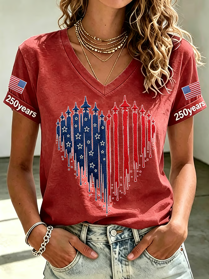 Women's American Flag Heart Print V Neck T-shirt