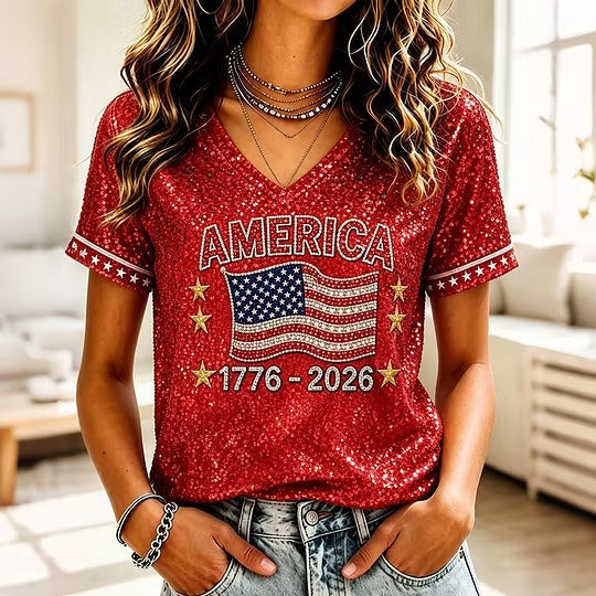 Ladies' Casual American 250Th Anniversary Sequin Personalized Print V-Neck T-Shirt