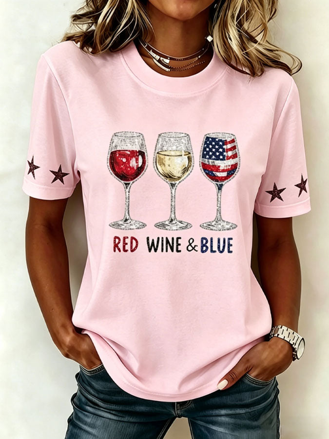 Women'S Red Wine & Blue Printed Casual T-Shirt