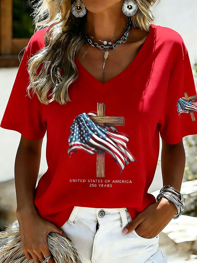 Women's Cross USA Flag Print Casual T-Shirt
