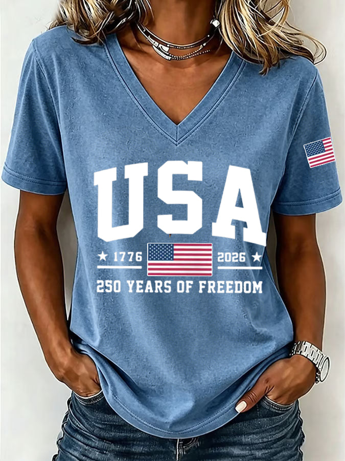 🔥Buy 3 Get 10% OFF 🔥Women'S America Flag Floral Print Casual V-Neck T-Shirt