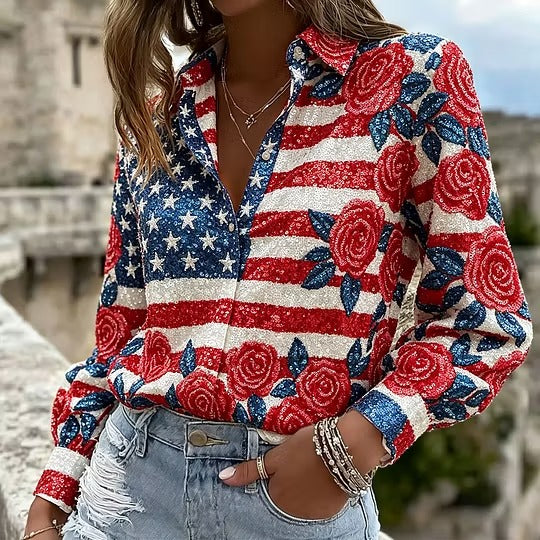 Women's Vintage American Flag Style Flower Art Comfortable Shirt
