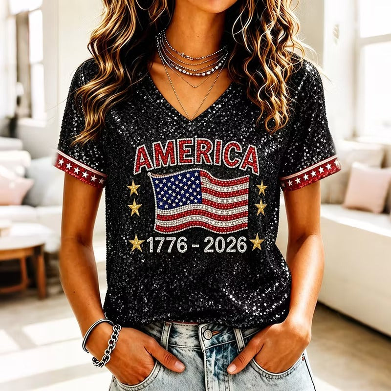 Ladies' Casual American 250Th Anniversary Sequin Personalized Print V-Neck T-Shirt