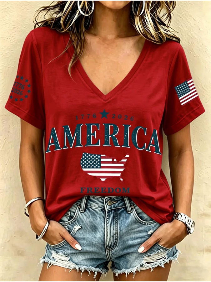 Women'S Retro Independence Day Printed Casual Short Sleeved T-Shirt