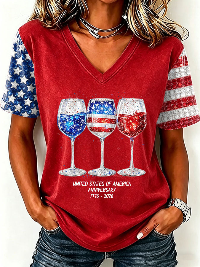 Women'S America Flag Floral Print Casual V-Neck T-Shirt