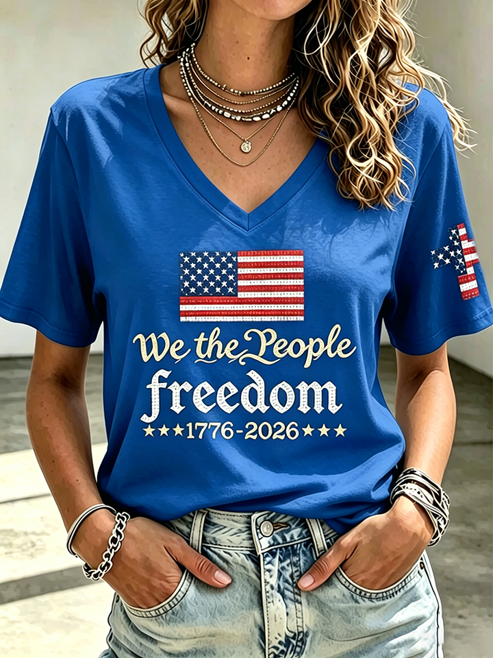 Ladies' Casual American 250Th Anniversary Commemorative Sequin Personalized Print V-Neck T-Shirt