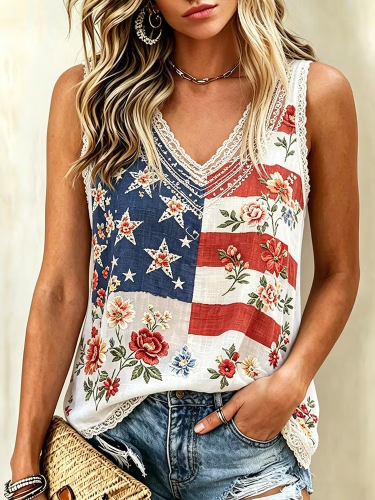Women's Vintage Anniversary Flag Floral Art Print Sleeveless Top