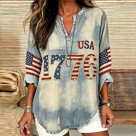 Vintage American Flag Element Pattern Design Casual Linen Top