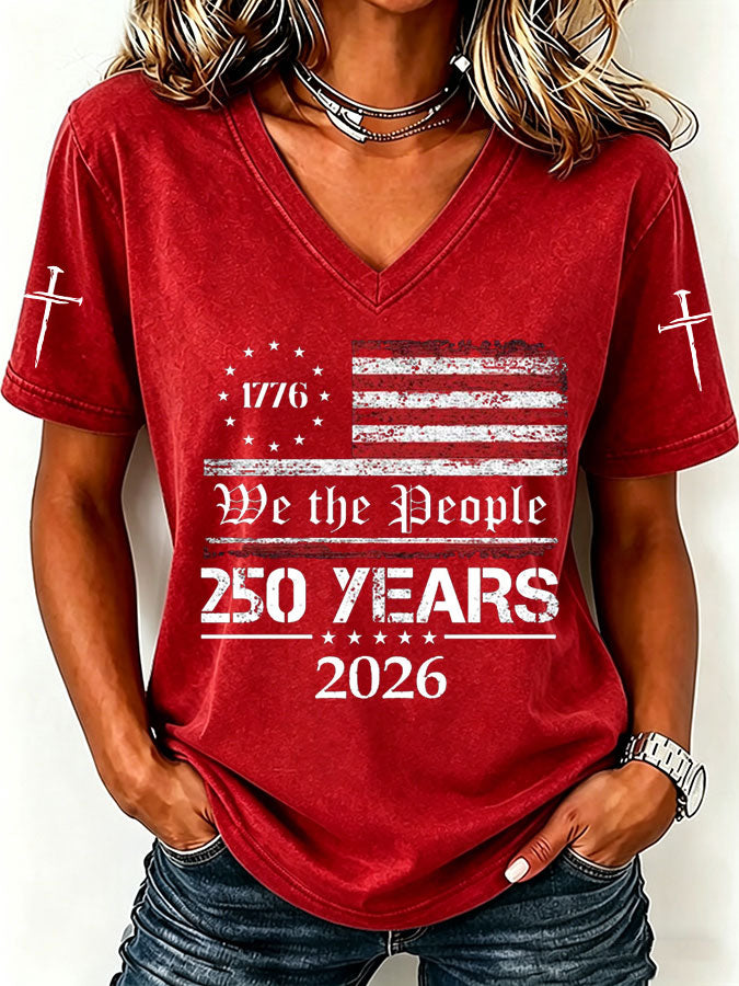 Women'S America Flag Print Casual V-Neck T-Shirt