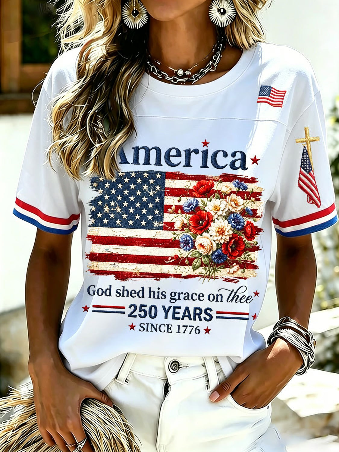 🔥Buy 3 Get 10% OFF 🔥Women's 250th Anniversary Print V-Neck Top