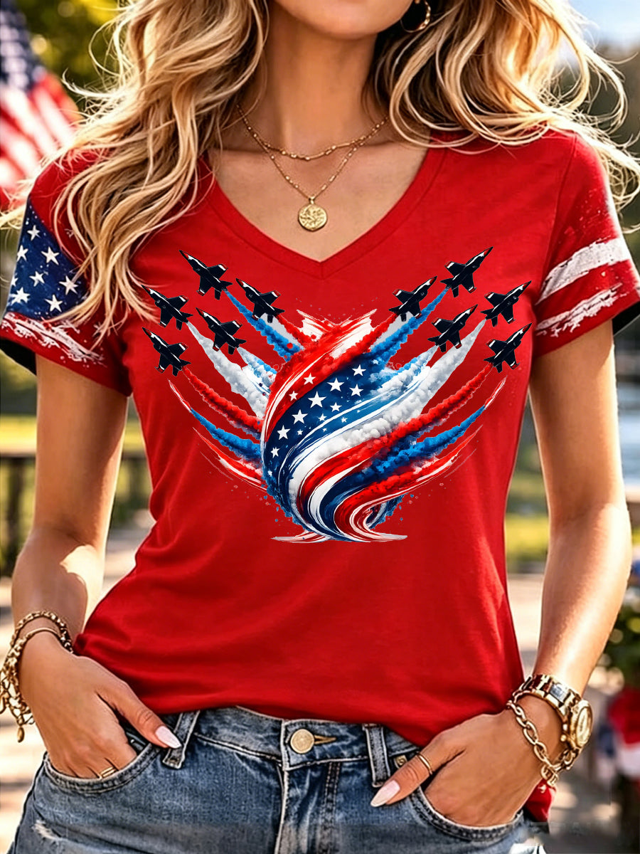 Women's Independence Day USA Flag Jet Print Casual V-Neck Patriotic Tee