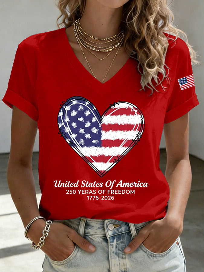 Women'S America Flag  Print Casual V-Neck T-Shirt