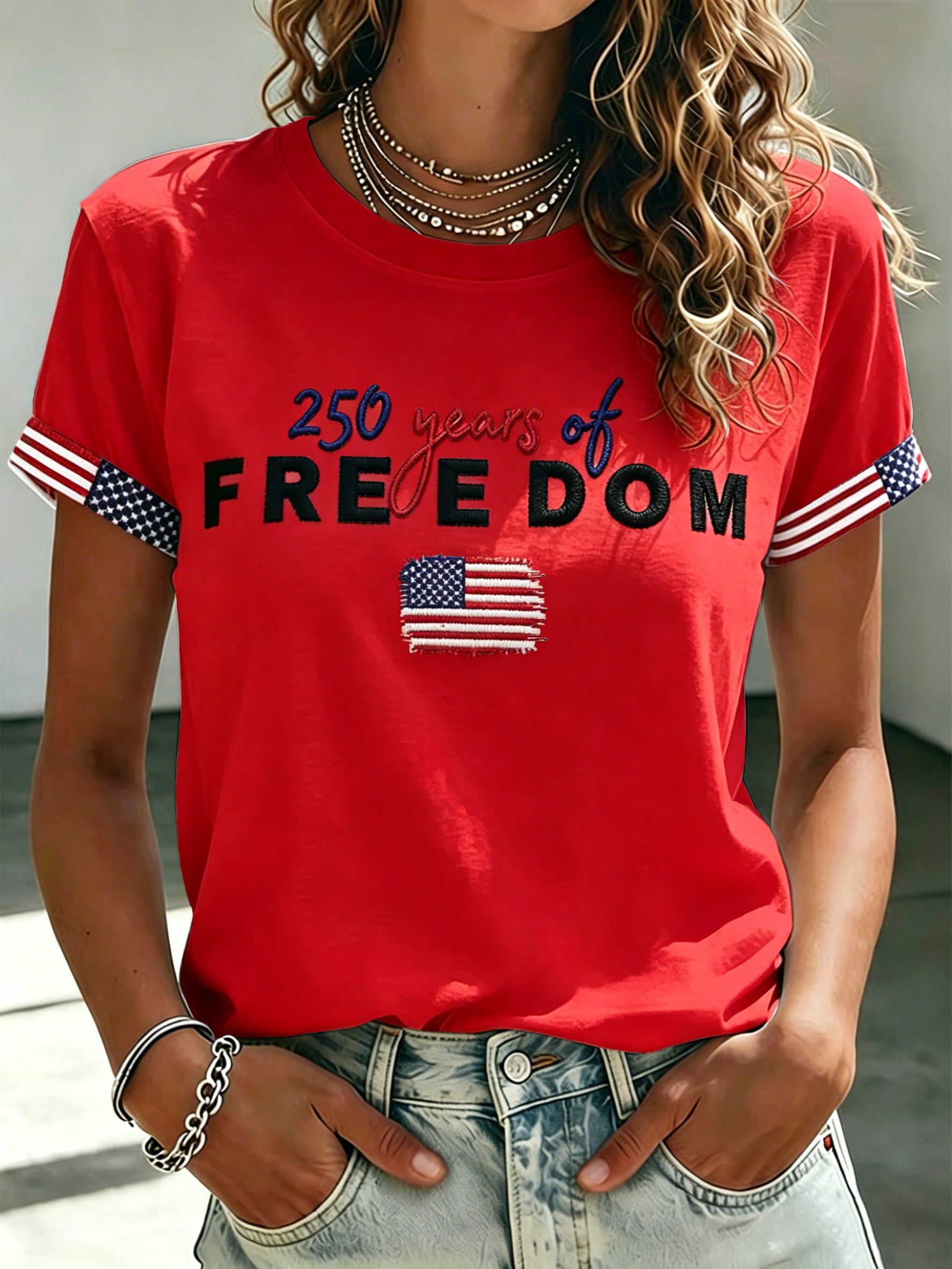Women'S Casual 250 Commemorative Printed Embroidered Round Neck Short Sleeved T-Shirt