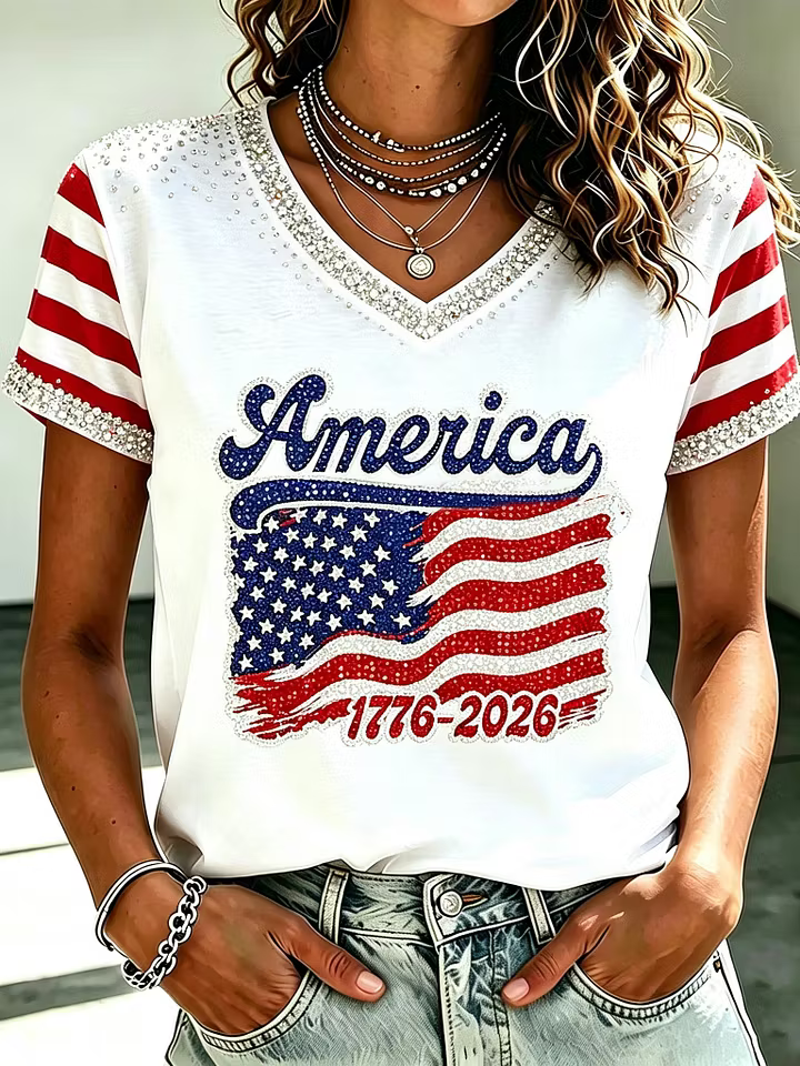Ladies' Casual American 250Th Anniversary Commemorative Sequin Personalized Print V-Neck T-Shirt