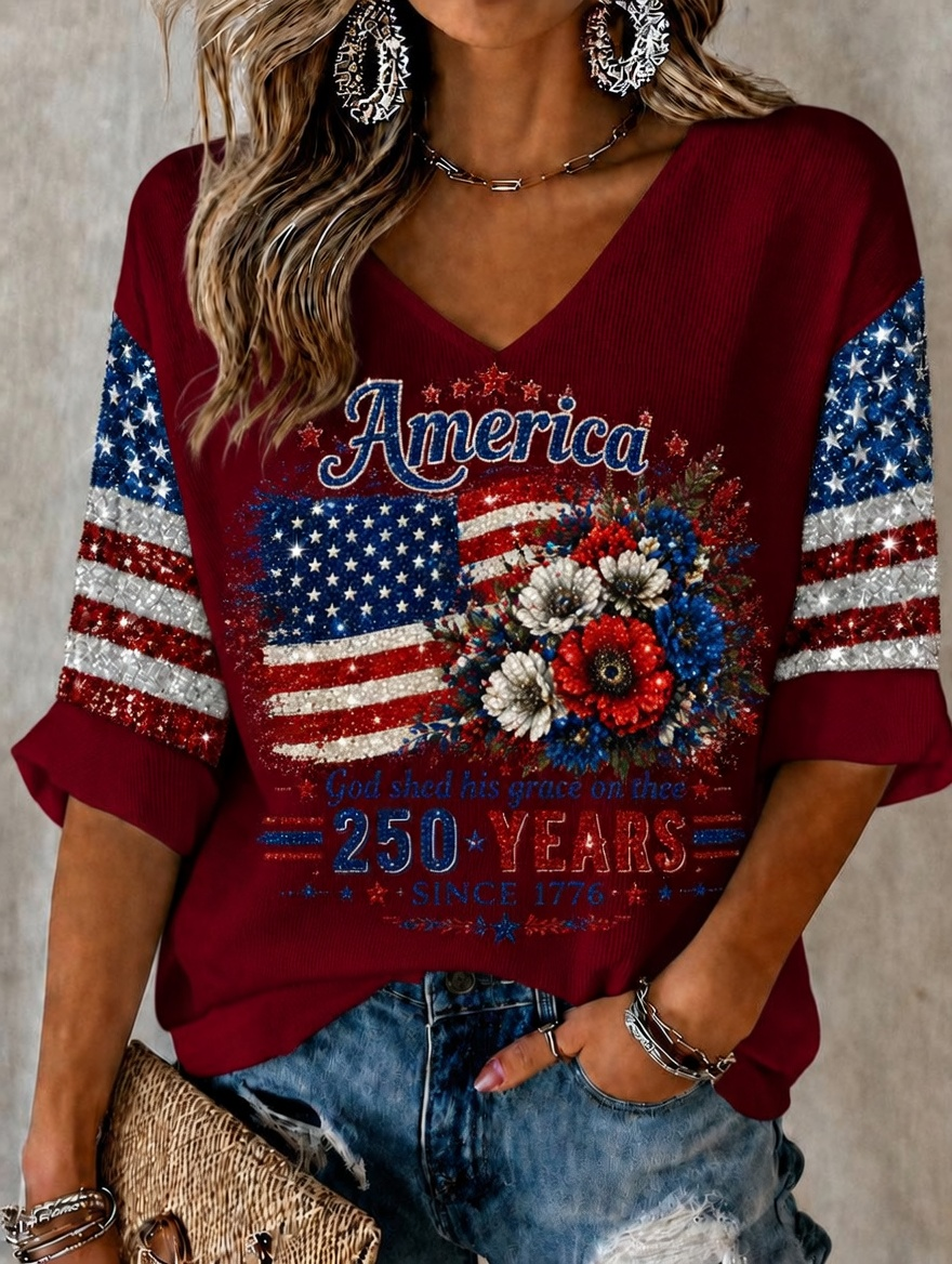 Women'S Retro Independence Day Art Printed Casual T-Shirt