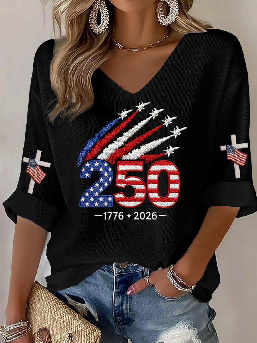 Women's 1776-2026 Anniversary Celebration Printed Half Sleeve V-Neck T-Shirt