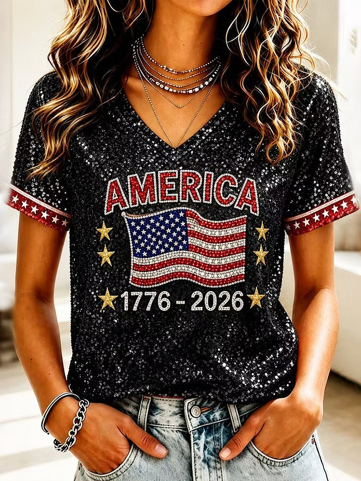 Ladies' Casual American 250Th Anniversary Sequin Personalized Print V-Neck T-Shirt