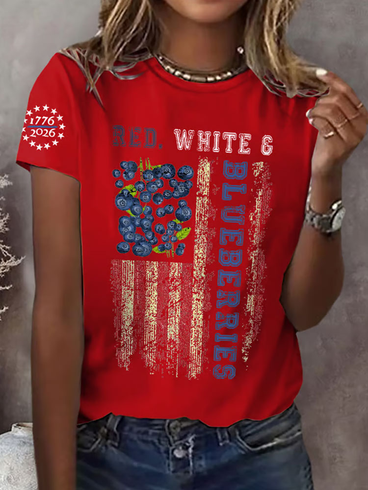 Retro Red White And Blueberries United States Of America • 1776–2026 Print T-Shirt