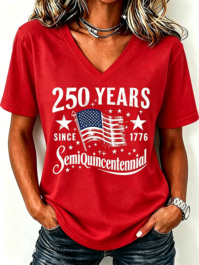 Ladies' Casual American 250Th Anniversary Commemorative Sequin Personalized Print V-Neck T-Shirt