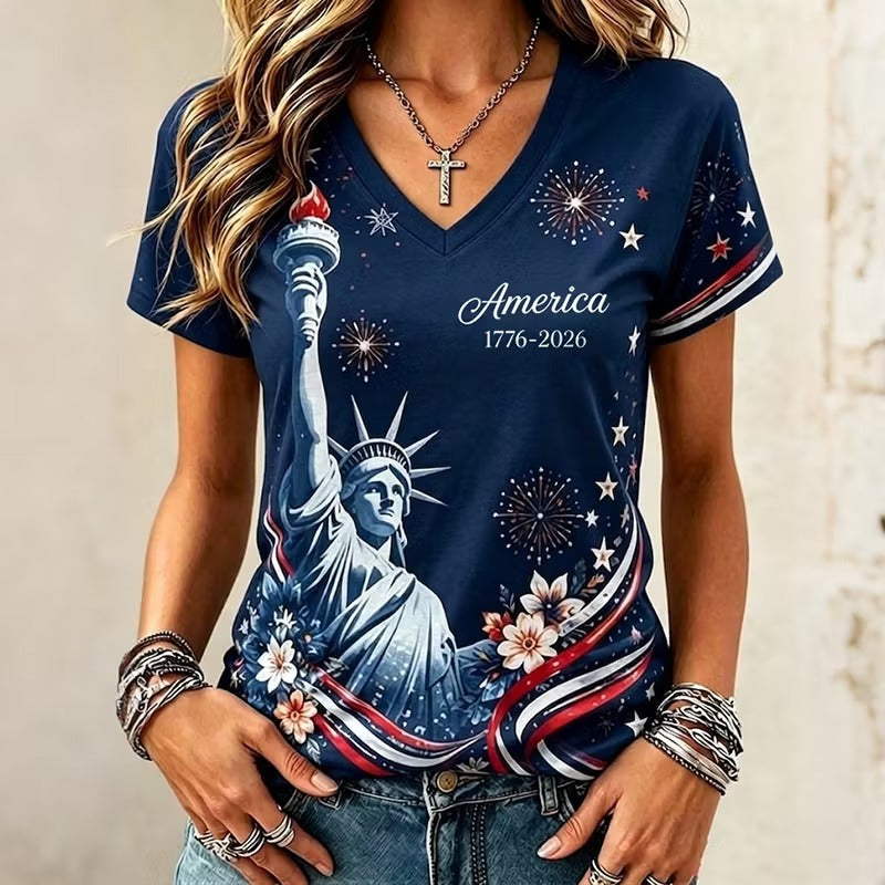 American Women'S 250Th Anniversary Casual Statue Of Liberty Personalized Printed V-Neck T-Shirt