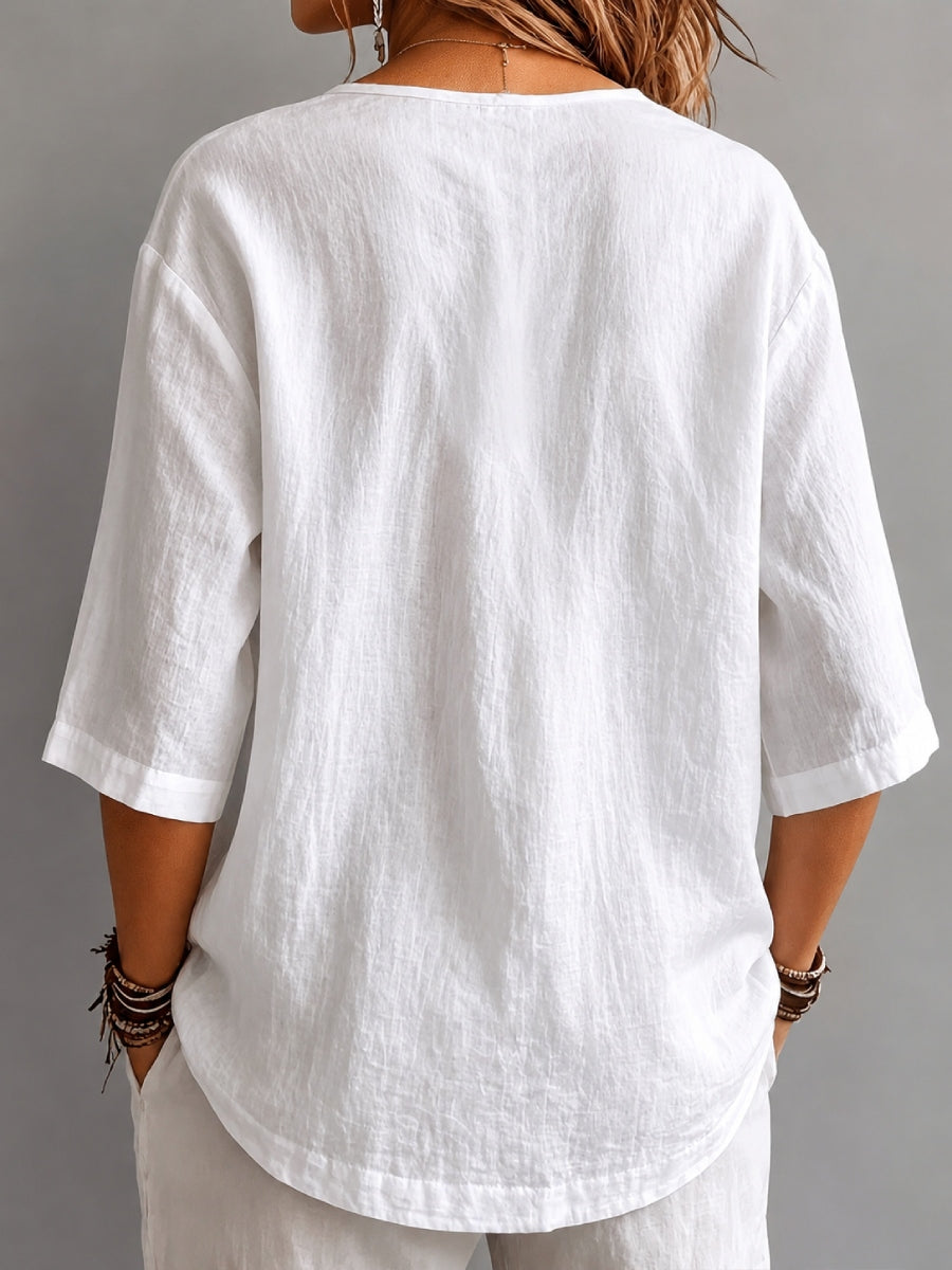 New Arrival 🔥Women'S Round Neck Three-Quarter Sleeve Pleated Shirt