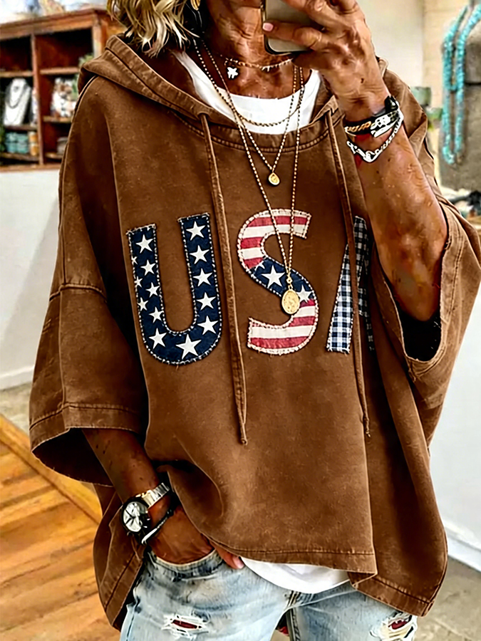 🔥Buy 3 Get 10% OFF 🔥Patriotic Red USA Star Stripe Applique Oversized Hoodie