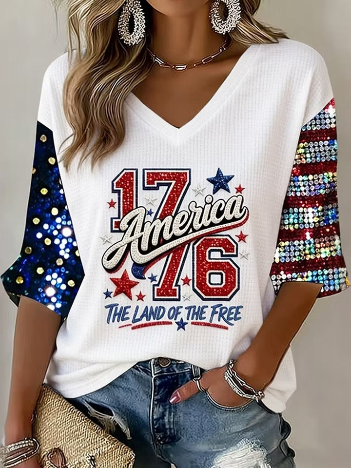Ladies' Casual American Independence Day 1776 Personalized Printed V-Neck Mid Sleeve Top