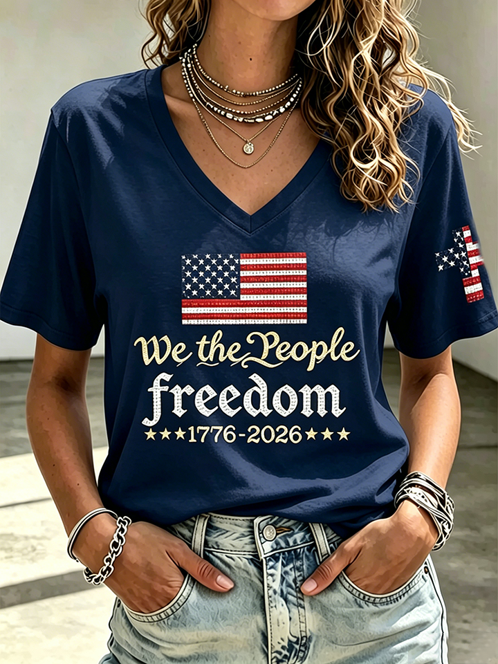 Ladies' Casual American 250Th Anniversary Commemorative Sequin Personalized Print V-Neck T-Shirt
