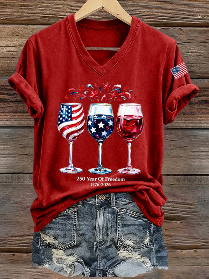 Women'S America Flag Floral Print Casual V-Neck T-Shirt